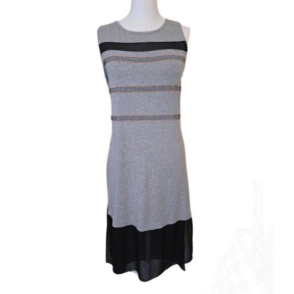 Tricotto Sleeveless Midi Dress Rhinestone Zipper Mesh Edgy Grey Black Size L - Picture 1 of 10